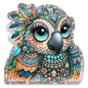 Die cut glitter edge sticker of a boho parrot 3”x3”, set of 2